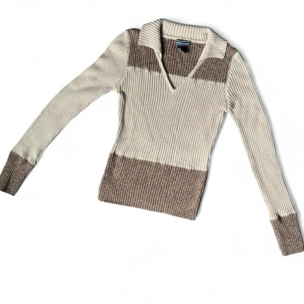 Vintage Takeout V-Neck Sweater - Cream and Brown Striped